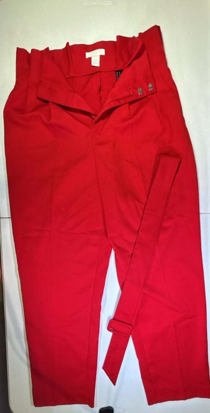 H&M Red High Waist Paperbag Trousers with Belt Size 10